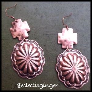 BOHO Burnish hammered copper conch dangle fish hook earrings